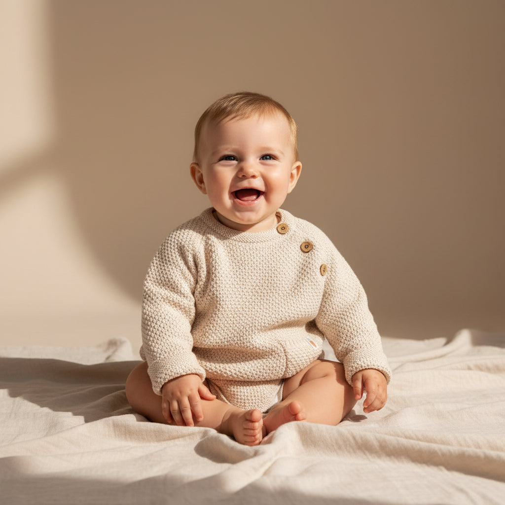 Sandfarbener Little Dutch Baby-Strickpullover – Vorderansicht