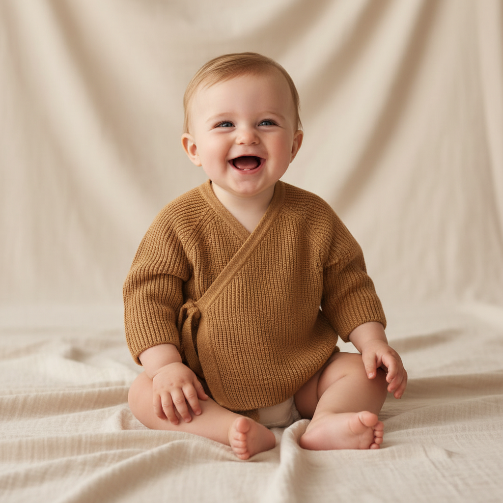 Wickelstrickjacke Essential Almond von Little Dutch – gestrickte Babyjacke in Wickeloptik