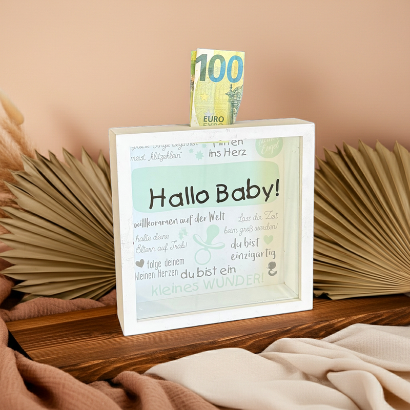 Spardose Hallo Baby aus Holz und Glas als Geschenk zur Geburt