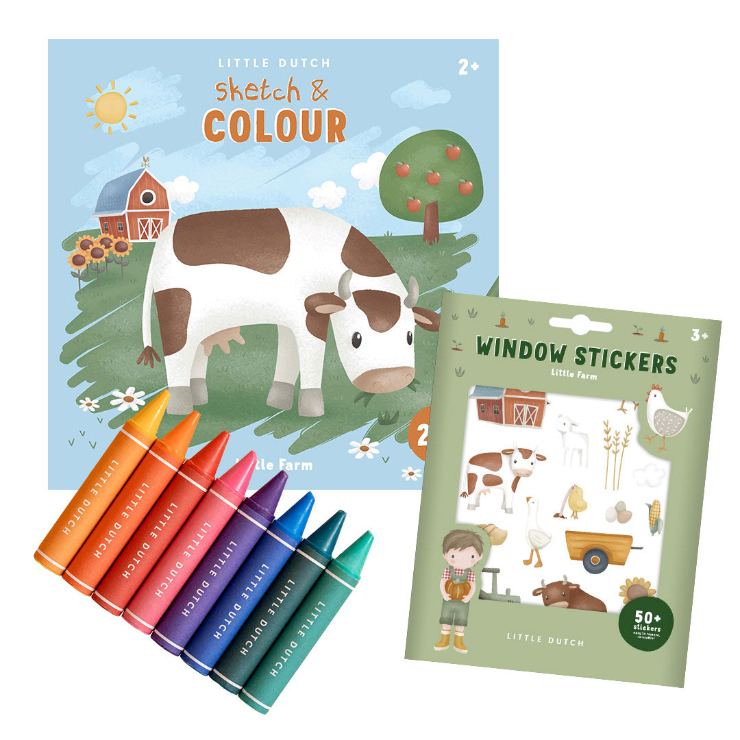 Malbuch und Kreativmaterial mit Bauernhof-Motiven für Kinder