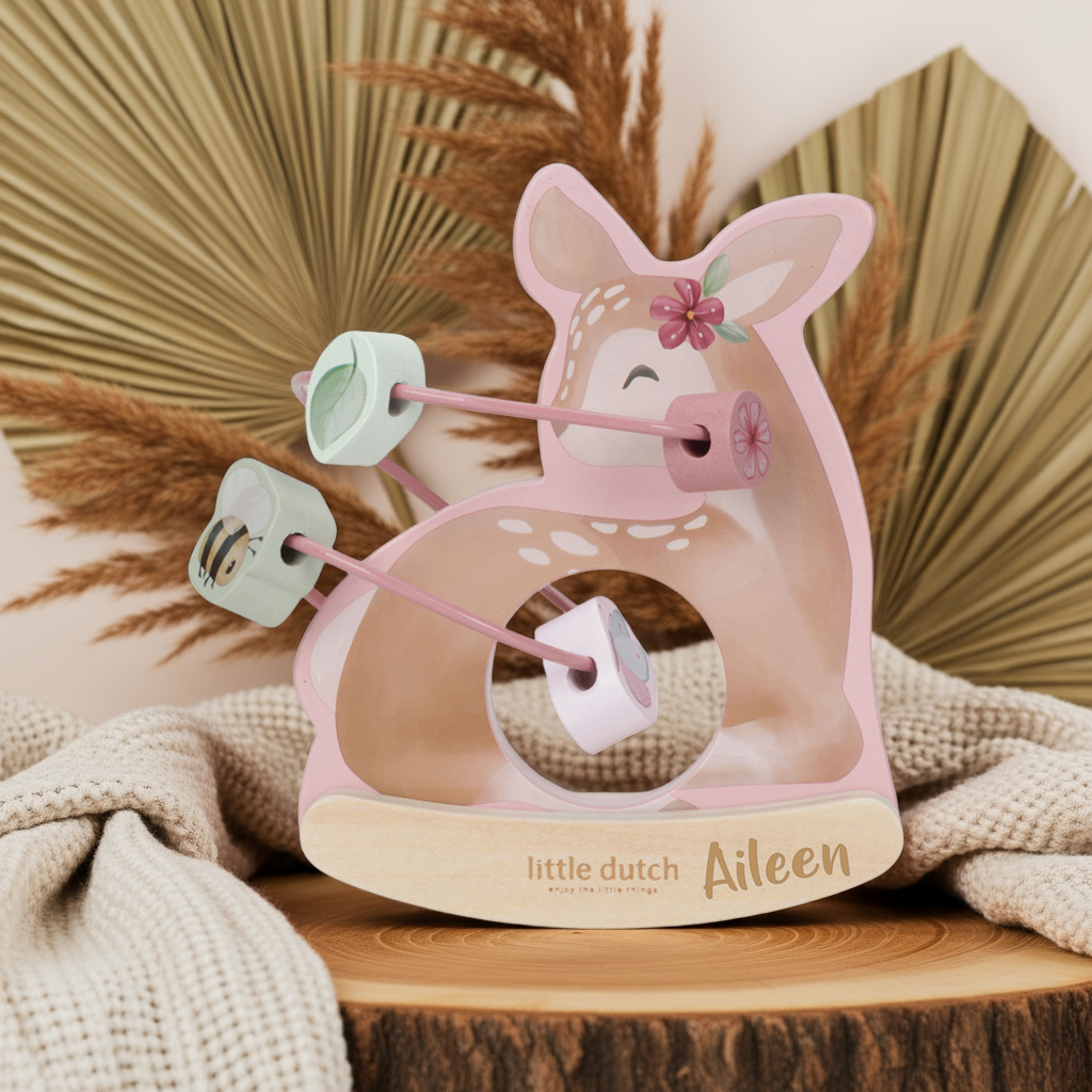 Holz-Motorikschleife mit Reh-Motiv und Perlen für Babys