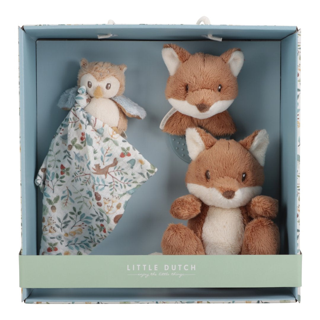 Forest Friends Baby-Geschenkset mit Fuchs-Kuscheltier, Eulen-Schmusetuch und Beißring