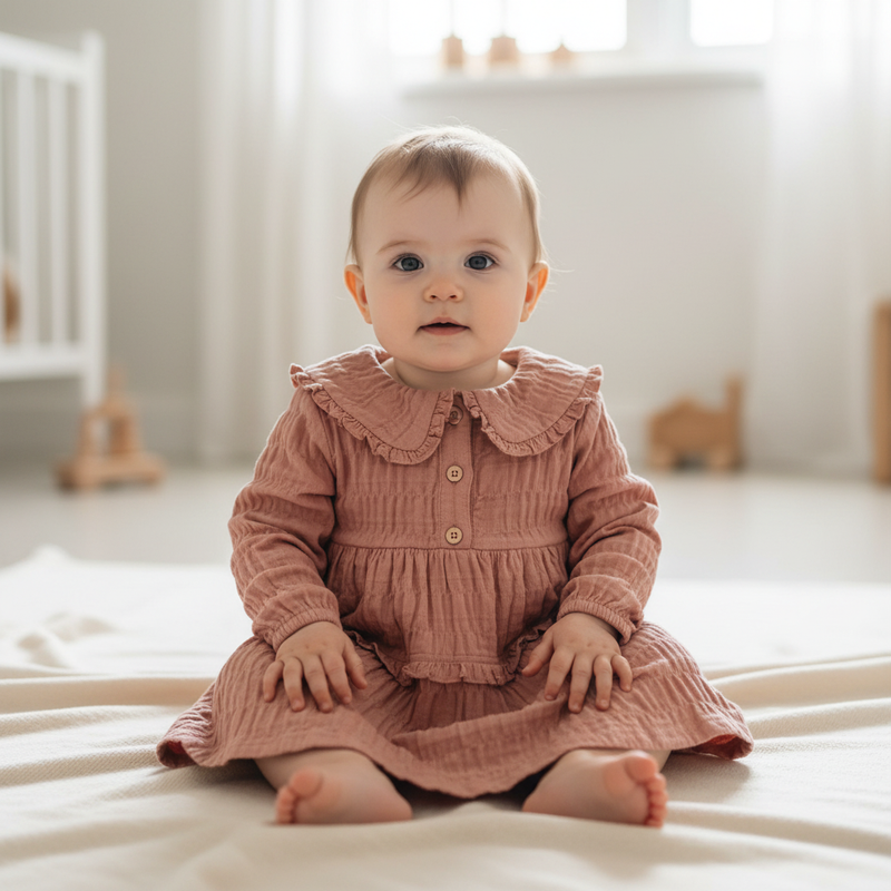 Langarm-Kleid Rose Pink von Little Dutch mit Rüschen aus Bio-Baumwolle