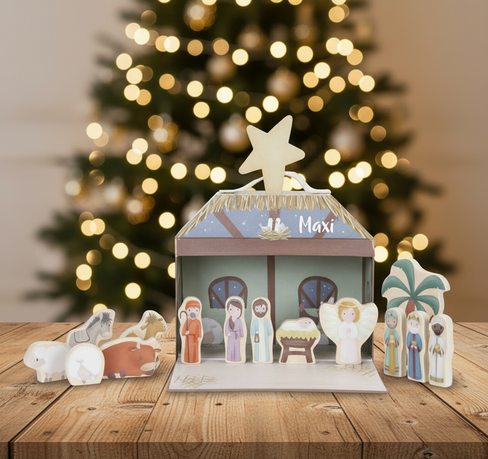 Personalisierte Weihnachtskrippe aus Holz mit Name – Krippenspiel