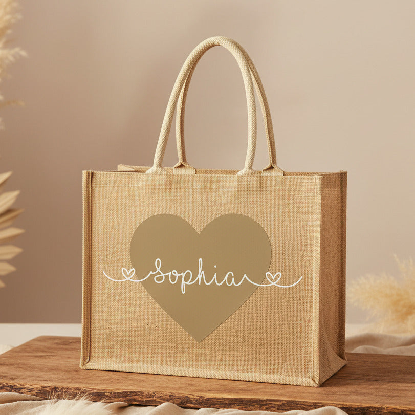 Sac en jute personnalisé avec cœur et nom | Schmatzepuffer®