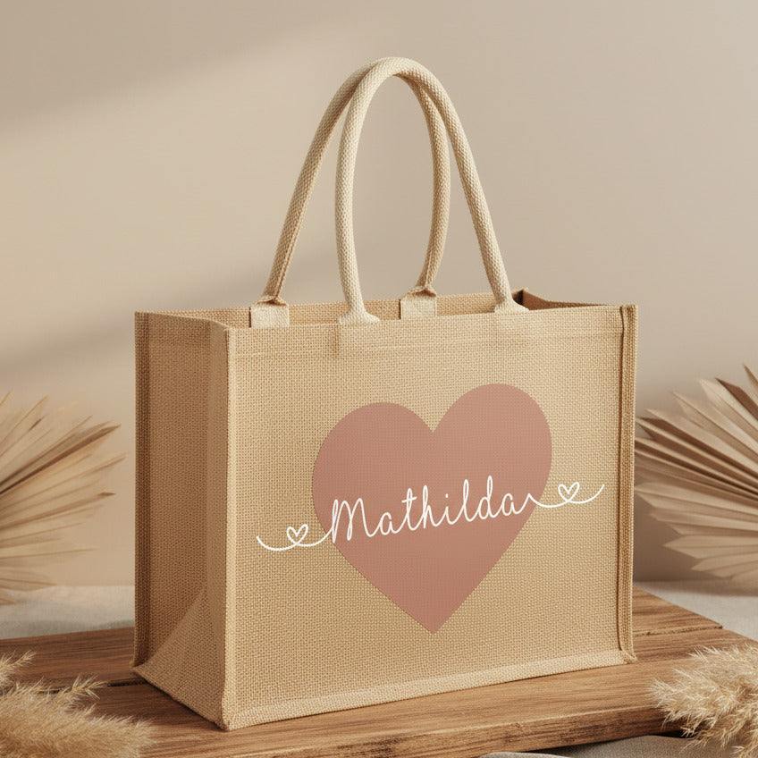 Bolsa de yute personalizada con corazón y nombre | Schmatzepuffer®