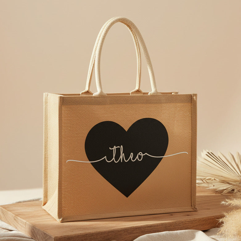 Sac en jute personnalisé avec cœur et nom | Schmatzepuffer®