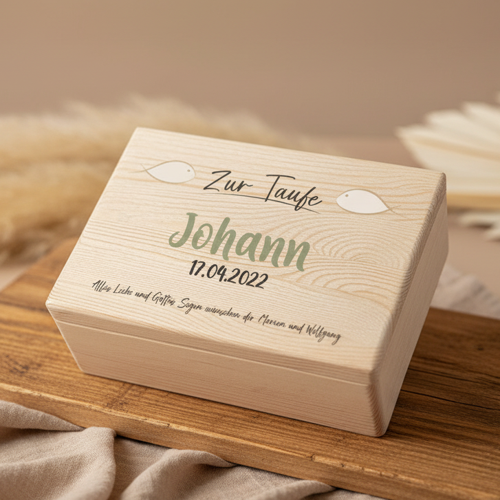 Naturholz-Erinnerungsbox zur Taufe mit individueller Personalisierung und Motiv
