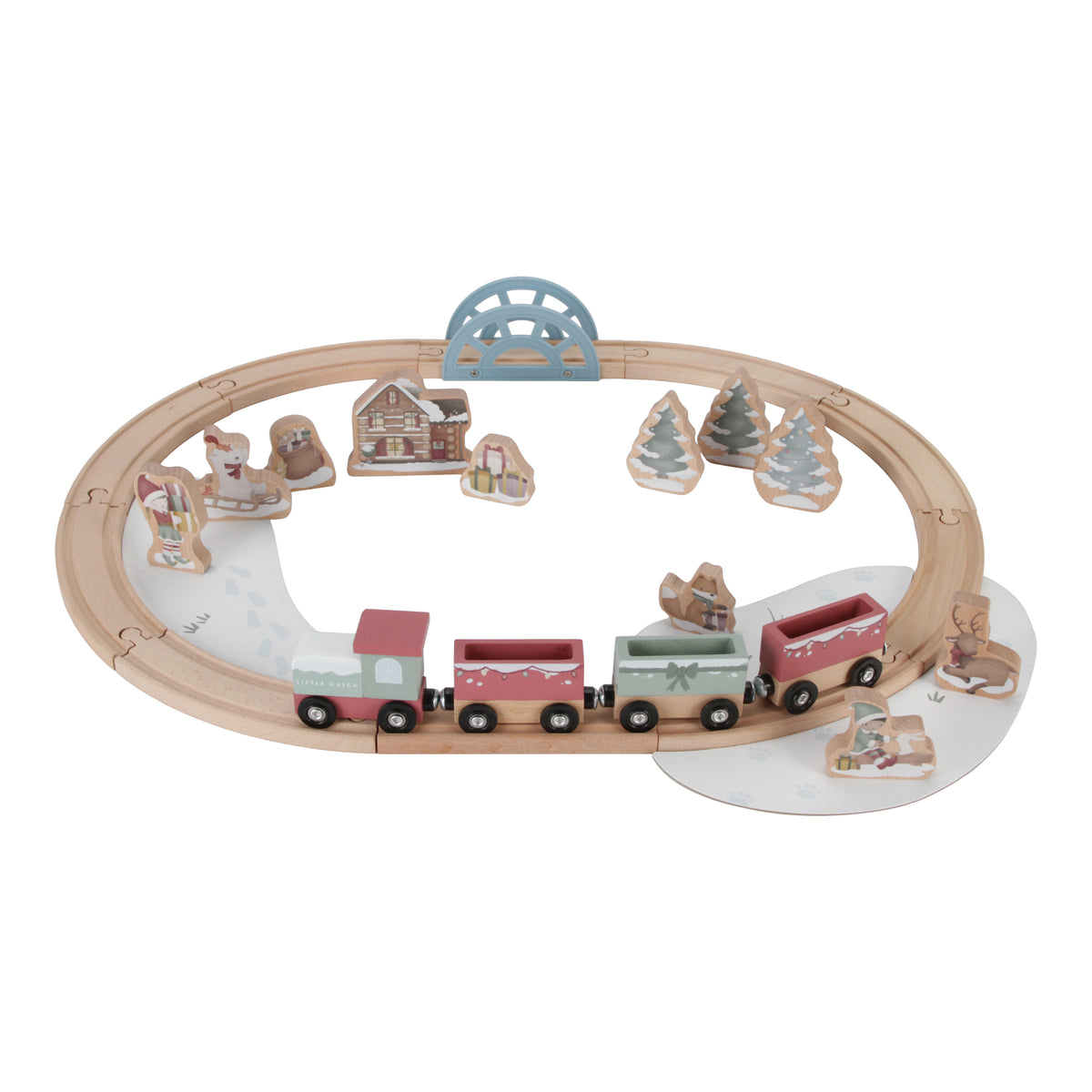 Little Dutch Holzeisenbahn Winterwelt – winterliches Eisenbahn-Spielset aus Holz für kreative Strecken und fantasievolle Spielwelten
