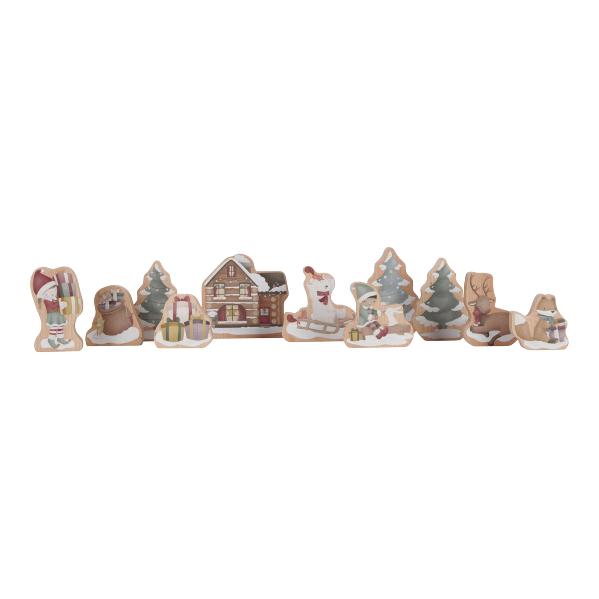 Little Dutch Winterwelt Holzeisenbahn – Detailansicht des Holz-Spielsets mit Zug, Schienen und winterlichen Spielelementen