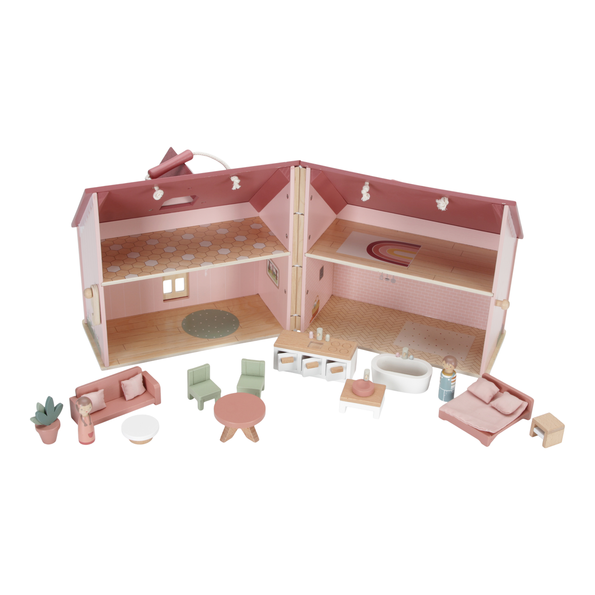 Little Dutch tragbares Holz-Puppenhaus in Pink – Spielszenenansicht mit mehreren Zimmern für fantasievolle Rollenspiele ab 3 Jahren