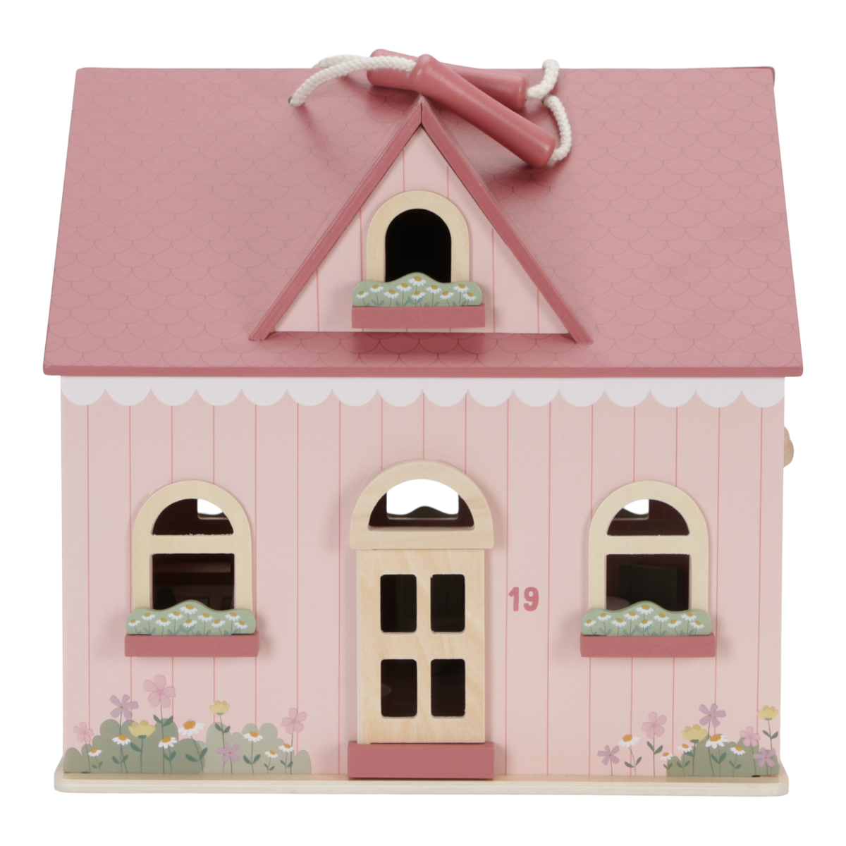 Little Dutch tragbares Puppenhaus – Detailansicht des rosa Holz-Spielhauses mit Griff und liebevoll gestalteter Inneneinrichtung