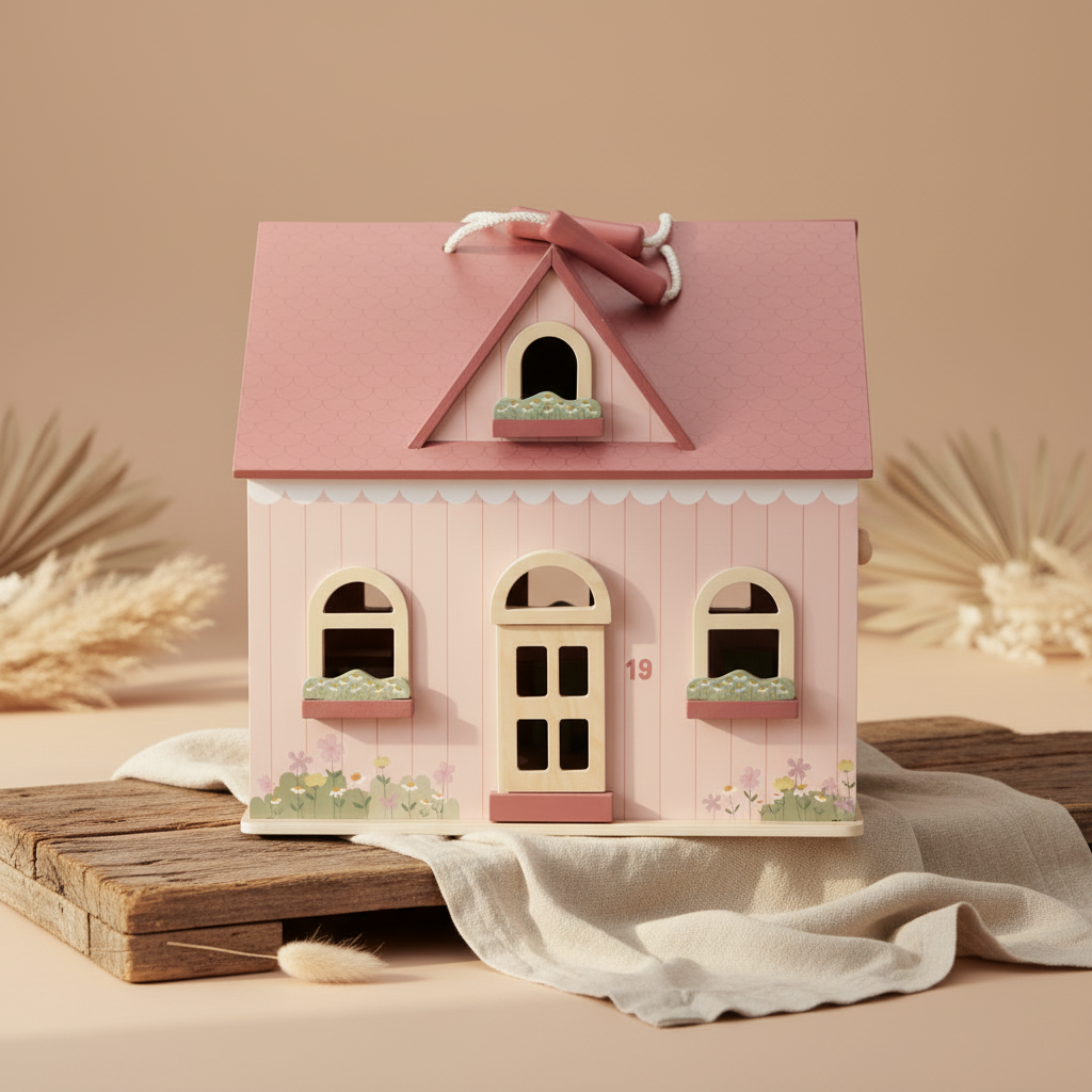 Little Dutch Holz-Puppenhaus in Pink – Spielansicht mit Griff und Möbeln