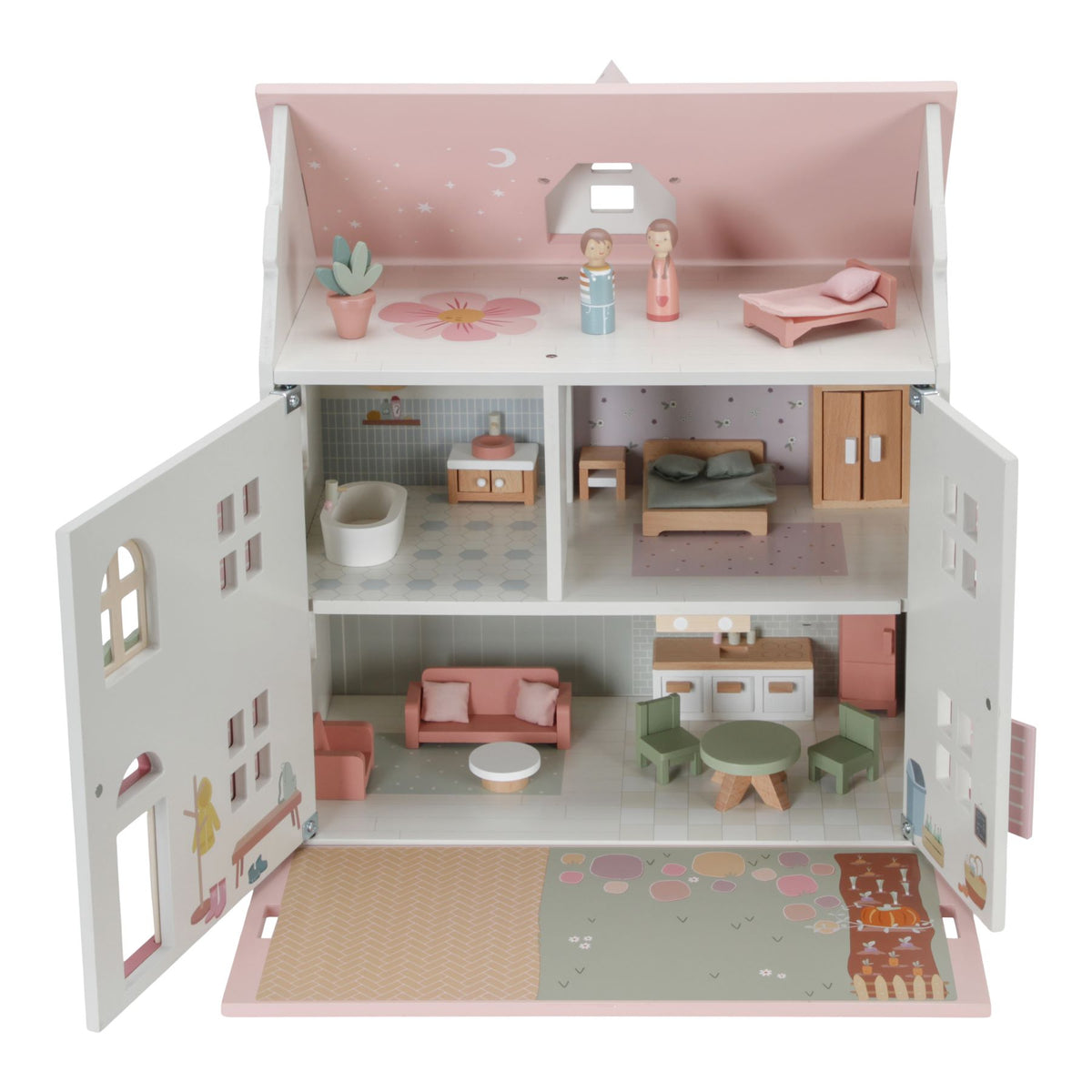 Little Dutch Holz-Puppenhaus in Weiß und Rosa – weitere Ansicht des detailreichen Spielhauses mit aufklappbarem Dach und Gartenfunktion