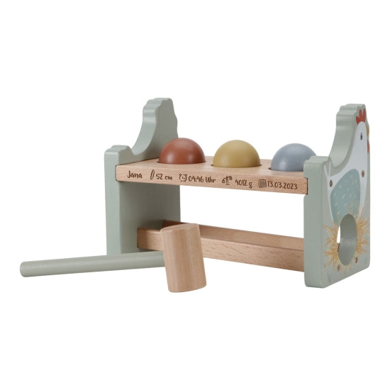 Personalisierte Little Dutch Hammerbank Little Farm mit Lasergravur – Holz-Motorikspielzeug mit drei Kugeln und Hammer
