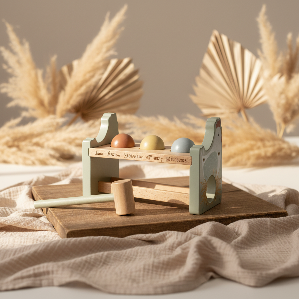 Little Dutch Hammerbank Little Farm zur Geburt mit Lasergravur – Holzbank mit drei Kugeln und Hammer