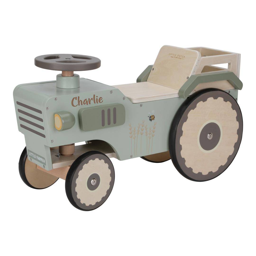 Grüner Holz-Lauftraktor Little Farm zum Sitzen und Schieben