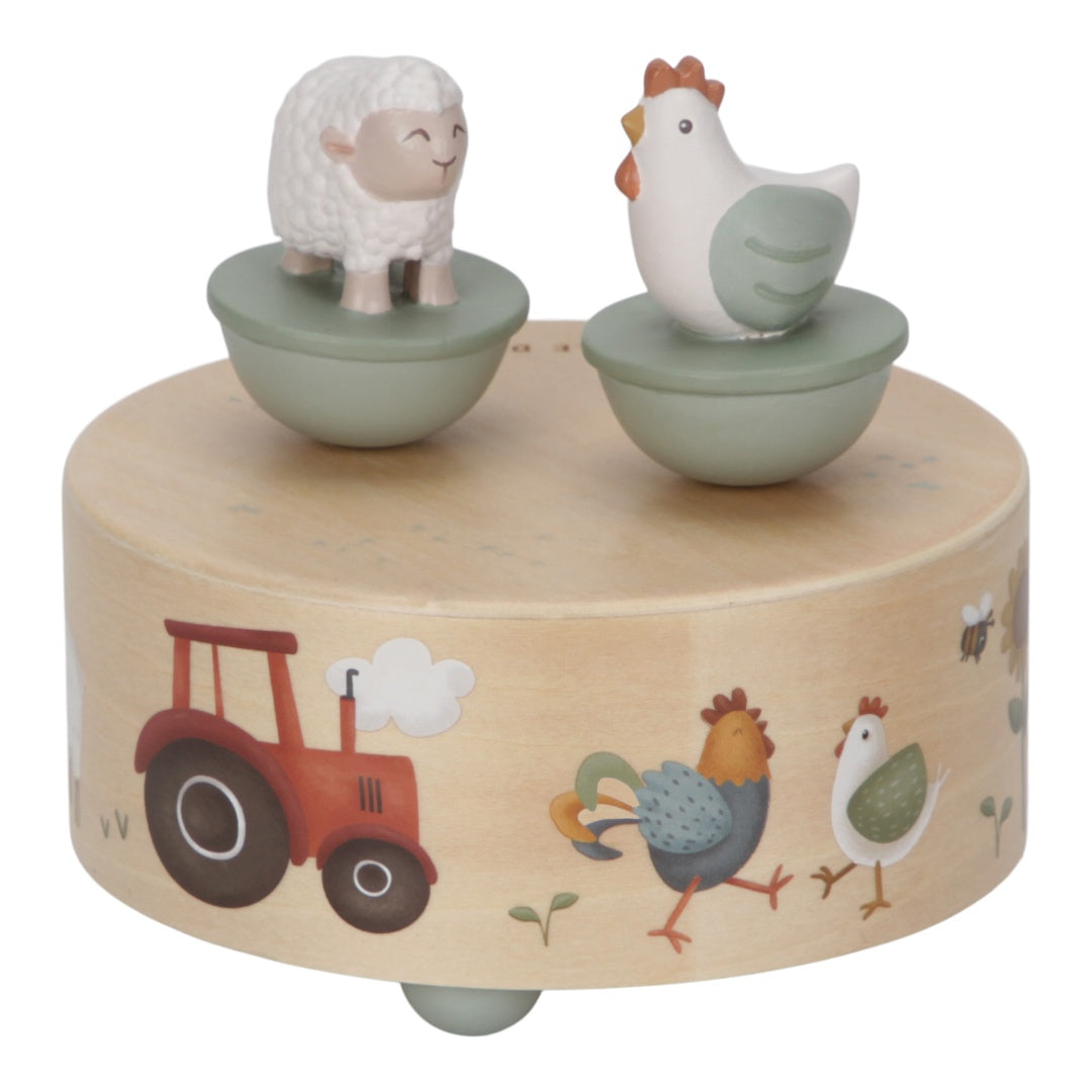Little Dutch Spieluhr Little Farm – Produktansicht der Holz-Spieluhr mit tanzendem Huhn und Schaf zur Bauernhof-Melodie