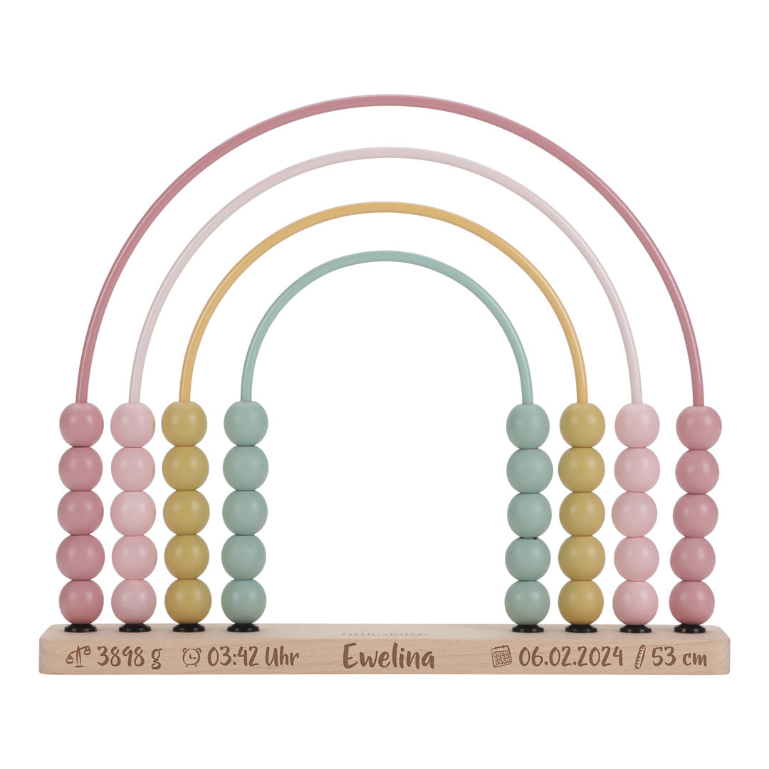 Personalisierter Little Dutch Regenbogen-Abakus Fairy Garden mit individuellen Daten per Lasergravur – pinkes Holz-Lernspielzeug ab 12 Monaten