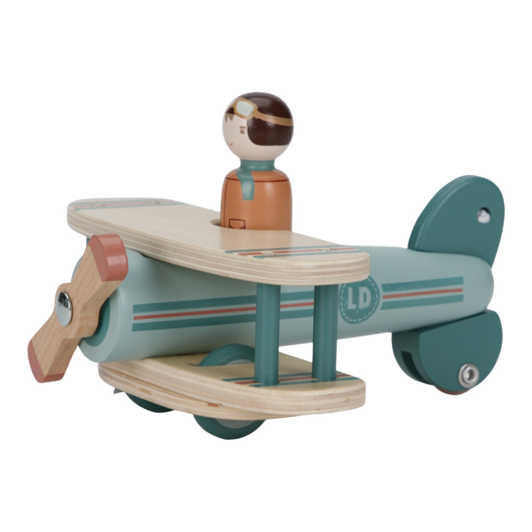 Little Dutch Holz-Spielzeugflugzeug – mehrfarbiges Flugzeug mit Pilotfigur, drehbarem Propeller und leichtgängigen Rädern für Kinder ab 3 Jahren