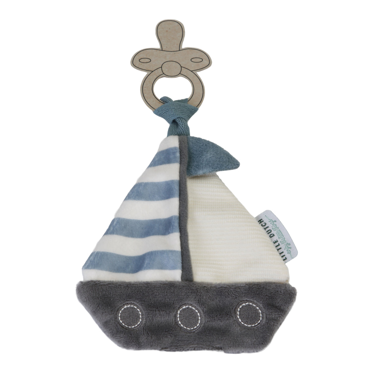 Little Dutch Schnullertuch Sailors Bay – blau-weißes Baby-Kuscheltuch mit Boot und Schlaufe zum Befestigen von Schnuller oder Beißring