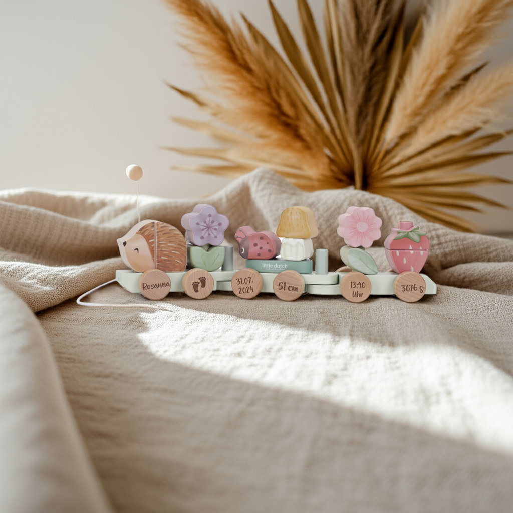 Personalisierter Holzzug Igel zur Geburt – Fairy Garden