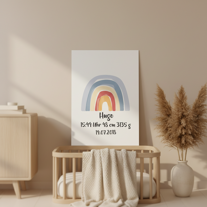Personalisiertes A3 Poster zur Geburt mit Regenbogen und Geburtsdaten
