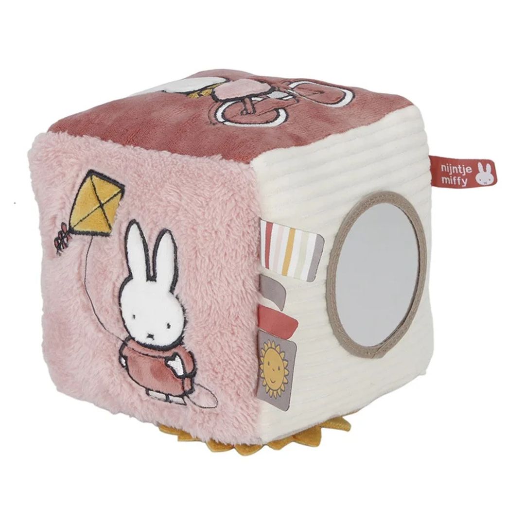 Miffy Aktivitäten-Würfel Fluffy Pink von Tiamo – weicher Baby-Spielwürfel mit Spiegel, Rassel, Stoffen und Tastetiketten ab Geburt
