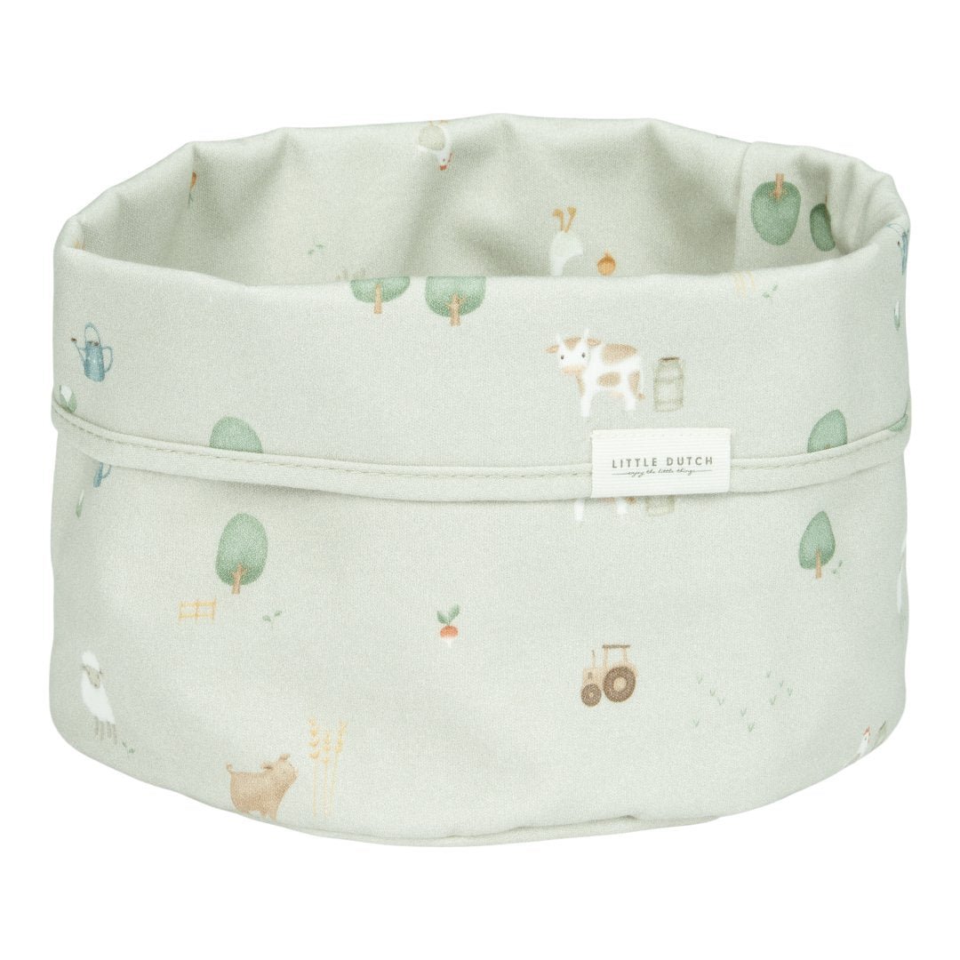 Little Dutch Pflegekörbchen Little Farm rund in Grün – Bio-Baumwoll-Aufbewahrungskorb mit Bauernhofprint für den Wickeltisch