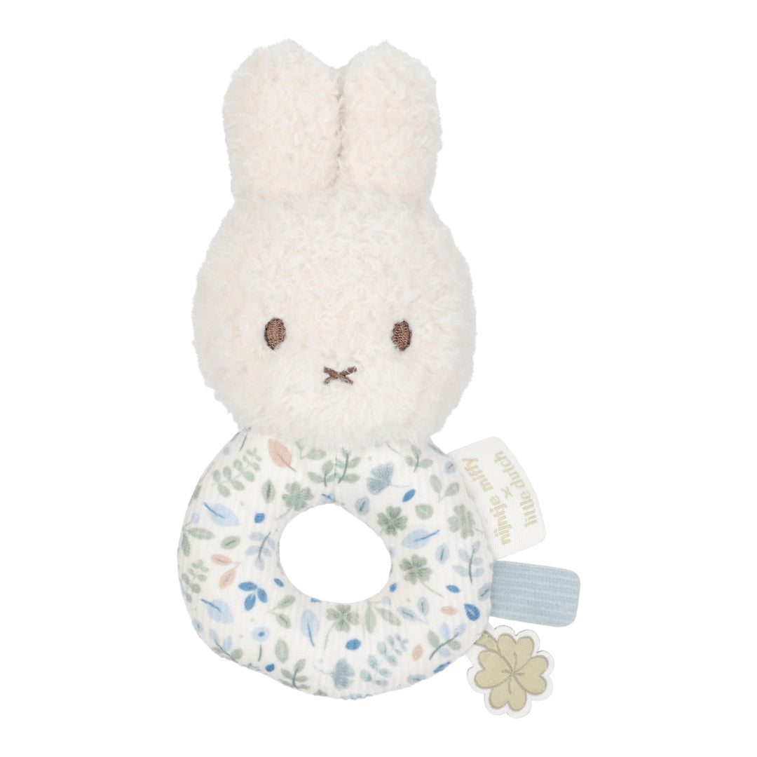 Miffy x Little Dutch Rassel Hase Lucky Leaves in Blau – weiche ringförmige Baby-Rassel zum Greifen und sensorischen Entdecken