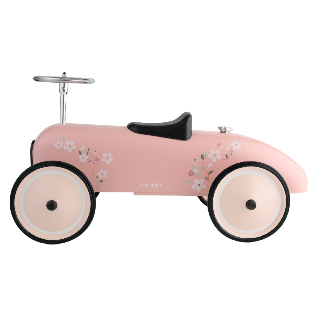 Little Dutch Retro Rutschauto Pink – Produktansicht des rosa Metall-Laufautos im Vintage-Rennwagen-Design für Kinder ab 2 Jahren