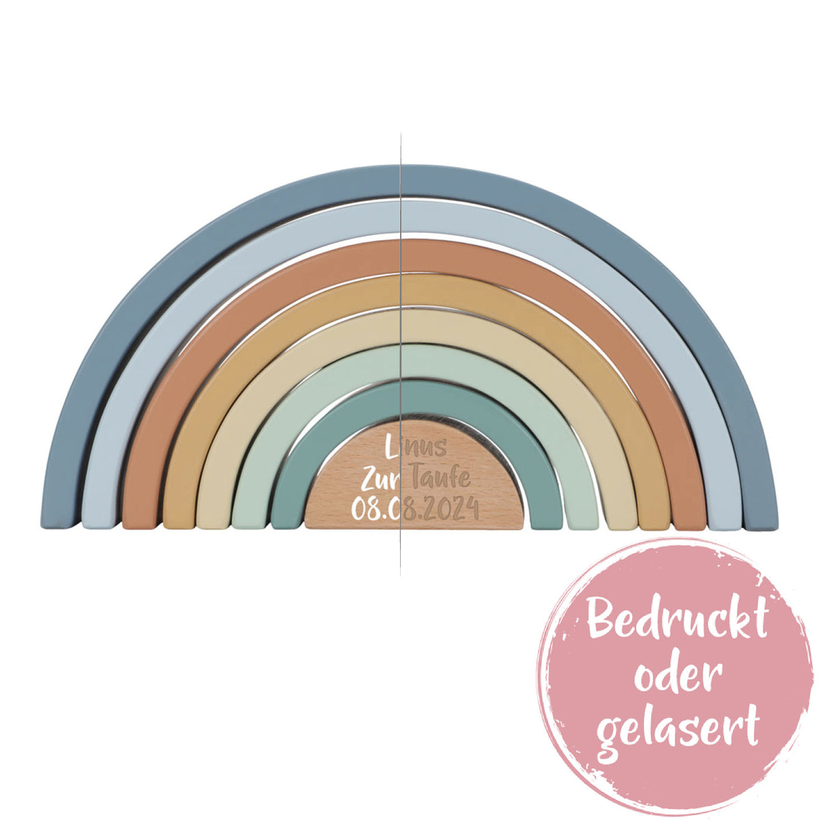 Little Dutch Stapel-Regenbogen Forest Friends zur Taufe – Vergleich der personalisierten Holzspielzeug-Varianten mit Druck und Lasergravur