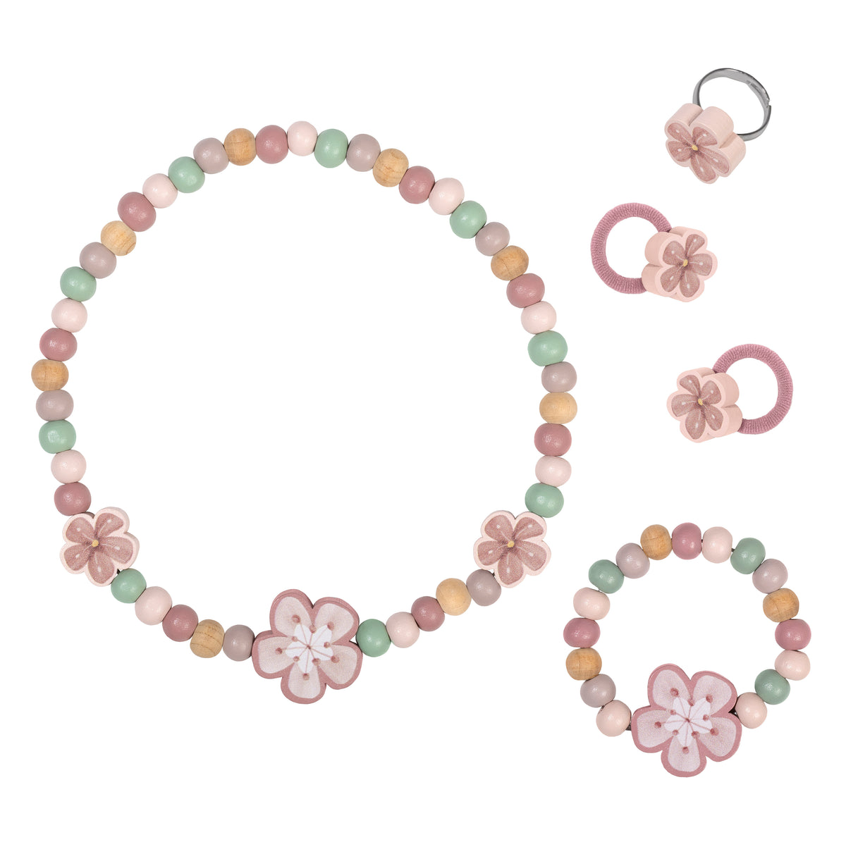 Little Dutch Schmuckset Blume – Kinder-Schmuckset aus Holz mit Halskette, Armband und zwei Haarspangen im Fairy Garden Design