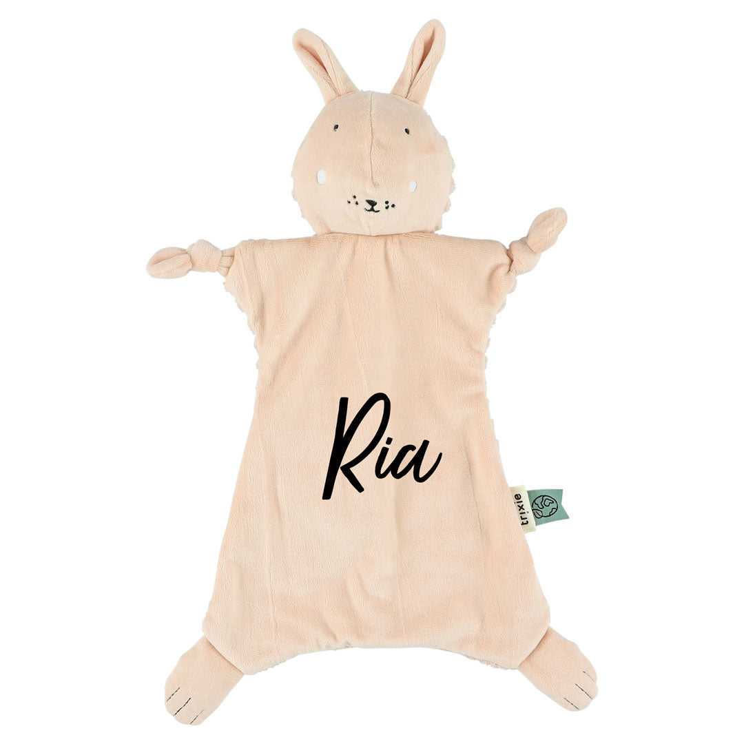 Personalisiertes Trixie Schnuffeltuch Frau Hase mit Name – rosa Baby-Schmusetuch mit Schnullerknoten als persönliches Geschenk zur Geburt