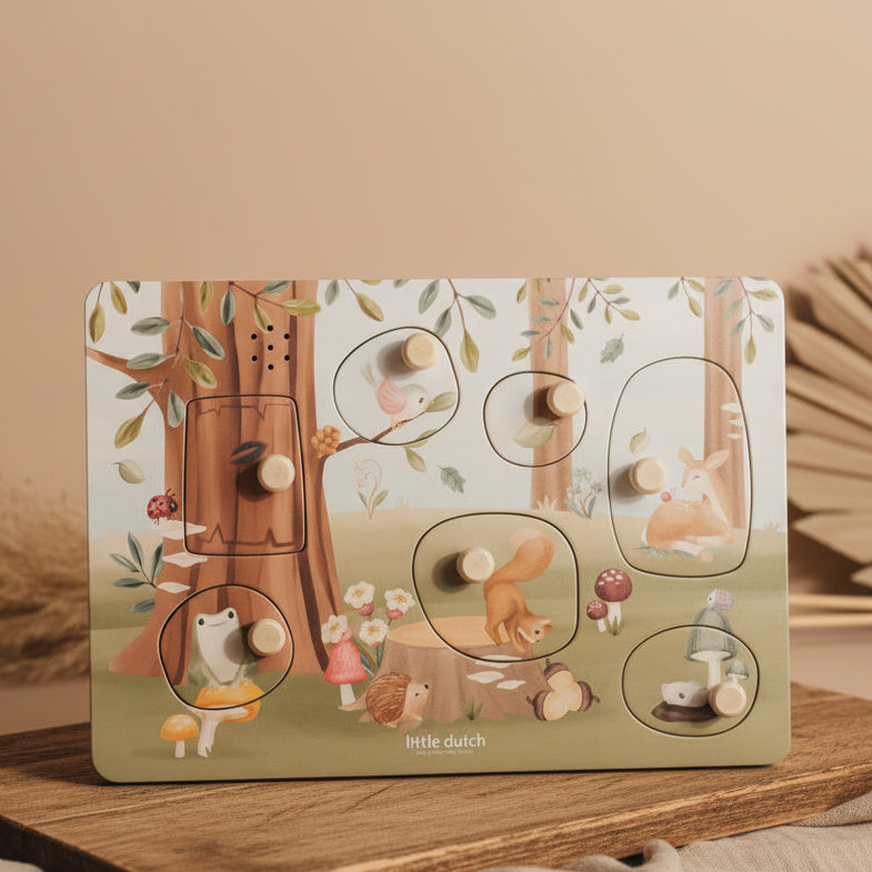 Little Dutch Sound-Greifpuzzle Forest Friends aus Holz – 7-teiliges Waldtier-Puzzle mit Geräuschen zur Förderung von Motorik und Wortschatz ab 12 Monaten