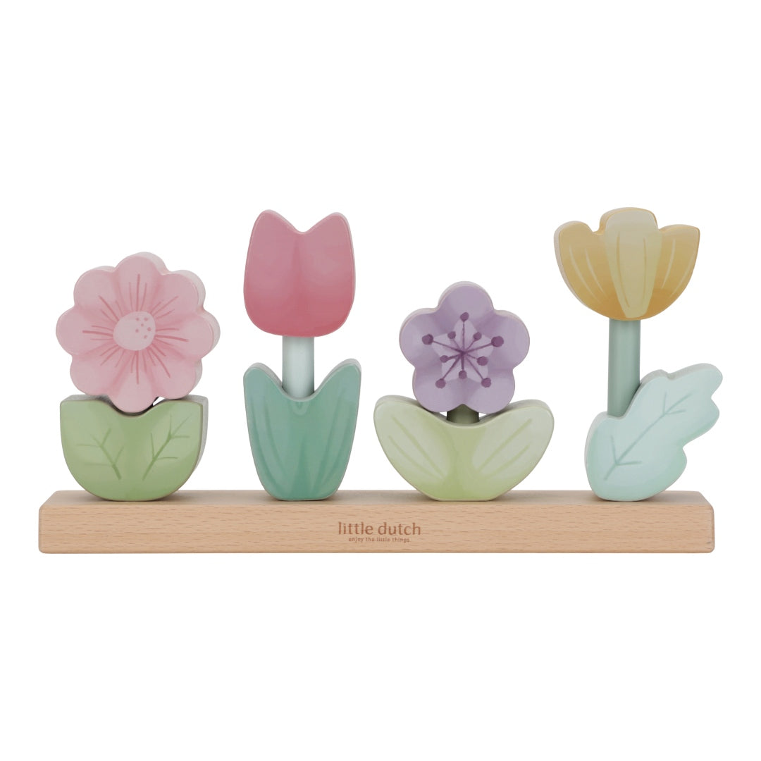 Little Dutch Stapel-Blumen Fairy Garden aus Holz – mehrfarbiges Stapelpuzzle mit vier Blumen für Kinder ab 12 Monaten