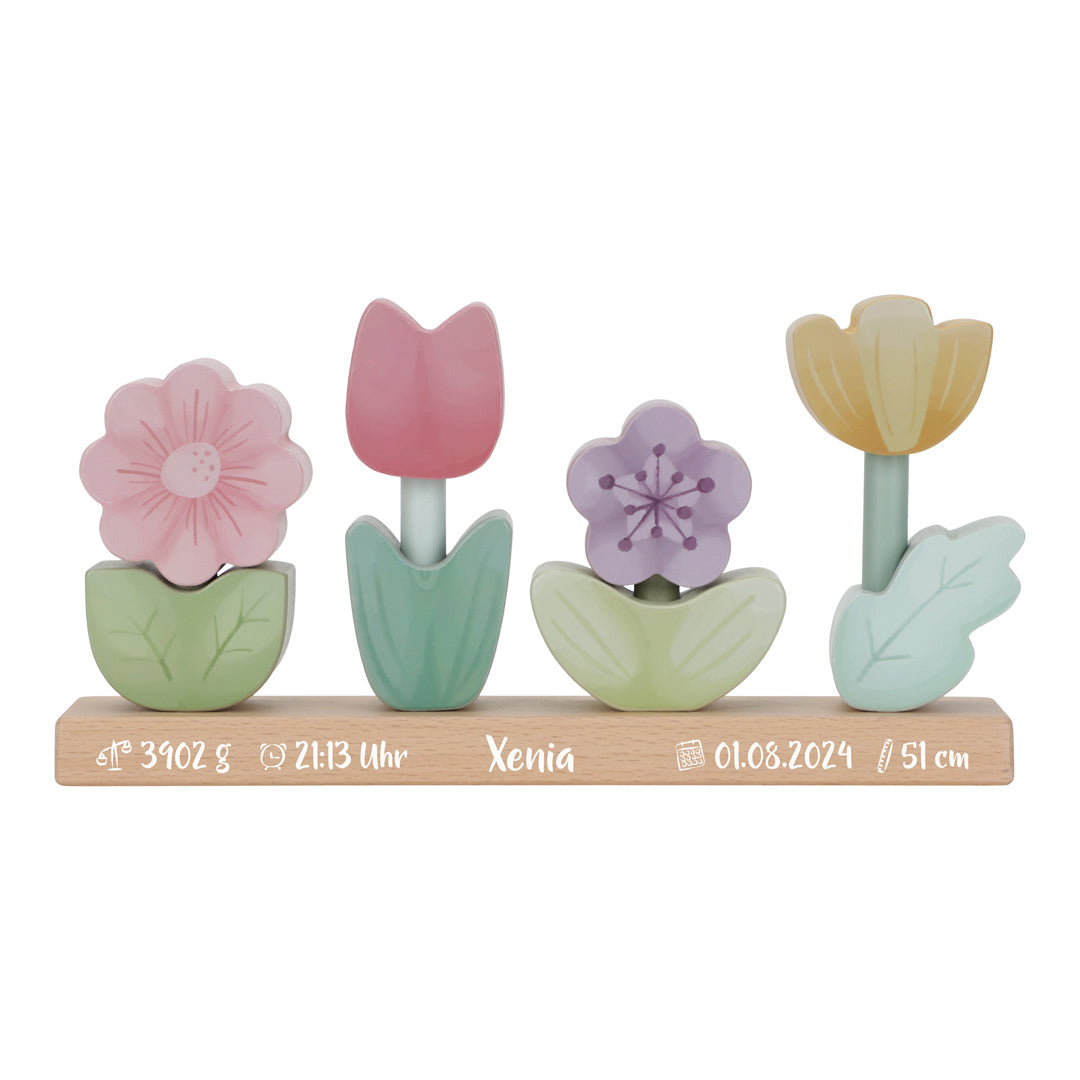 Personalisierte Little Dutch Stapel-Blumen Fairy Garden mit Geburtsdaten im Druck – Holz-Stapelpuzzle als individuelles Geschenk zur Geburt