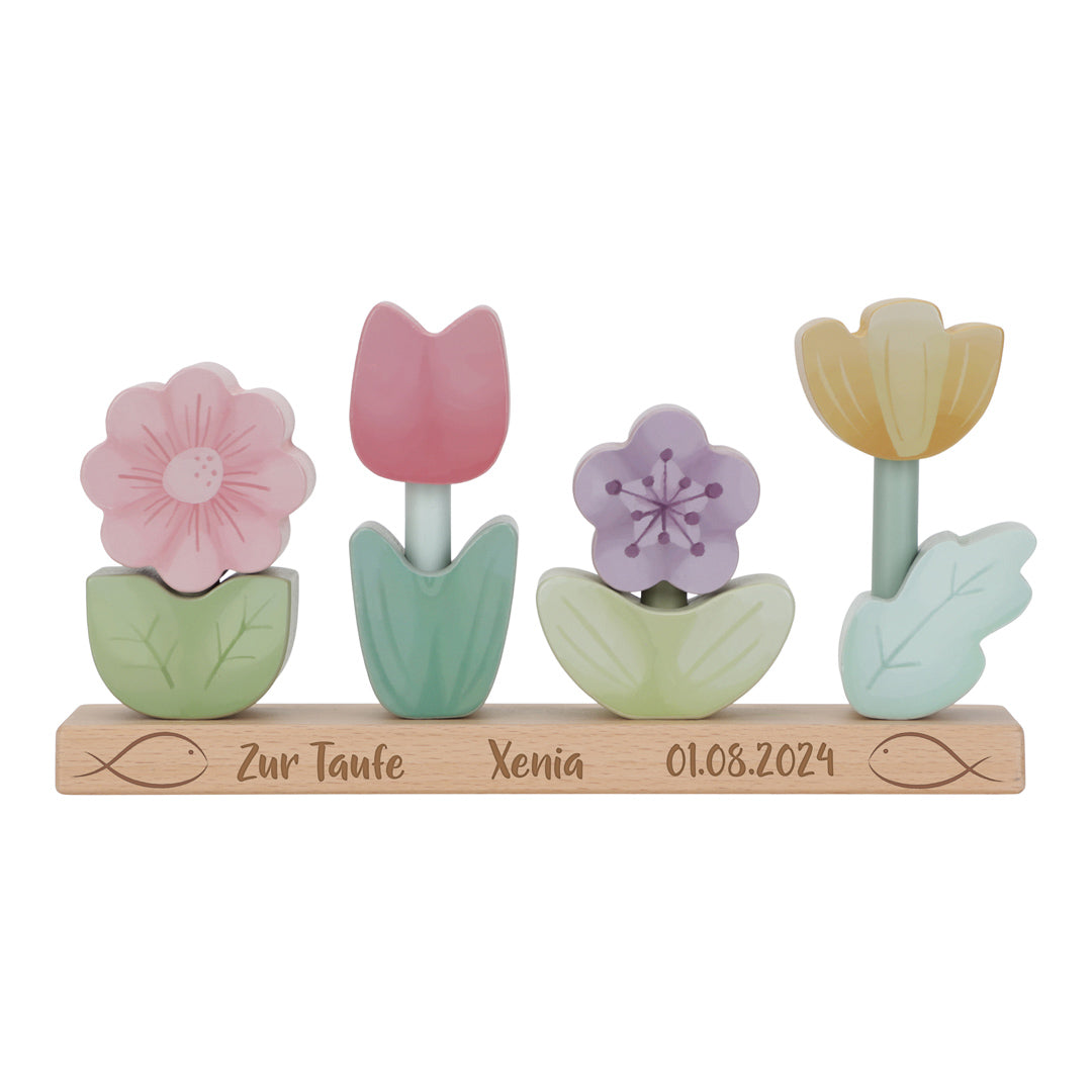 Personalisierte Little Dutch Stapel-Blumen Fairy Garden zur Taufe mit Lasergravur – mehrfarbiges Holzspielzeug für Kinder ab 12 Monaten