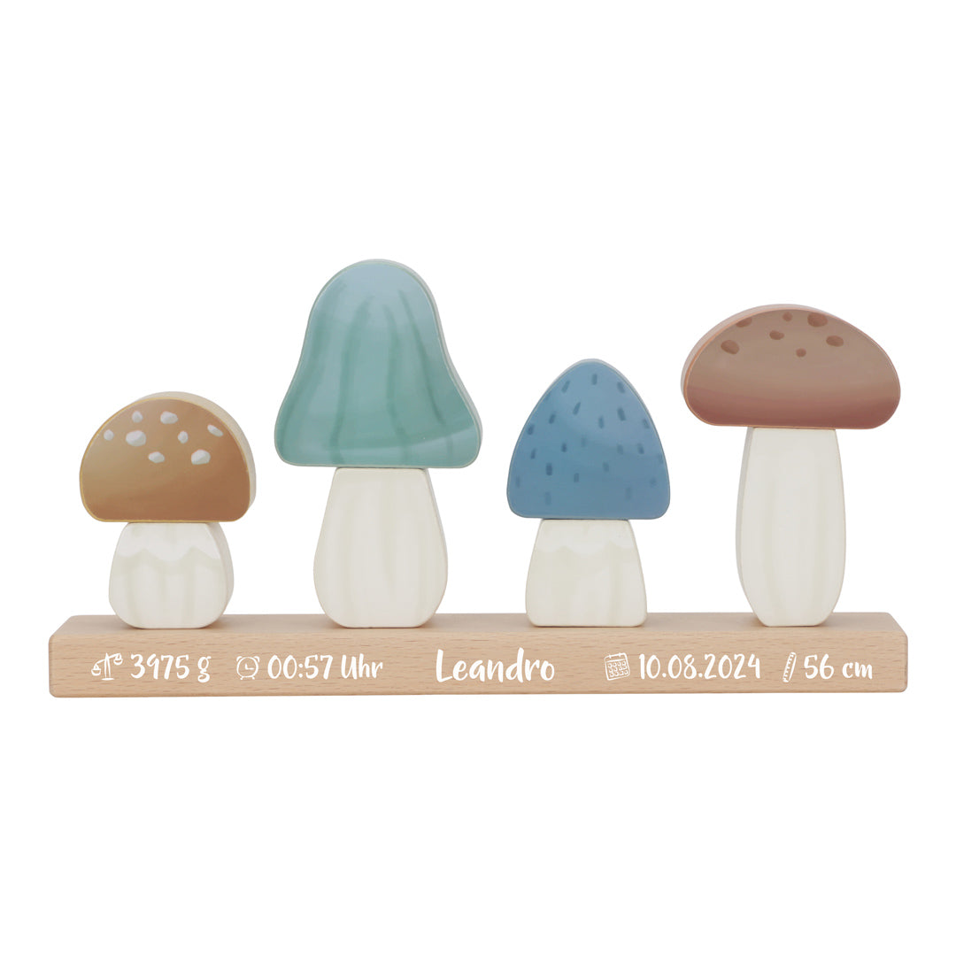 Personalisierte Little Dutch Stapel-Pilze Forest Friends zur Geburt mit Druck – Holzspielzeug als individuelles Babygeschenk
