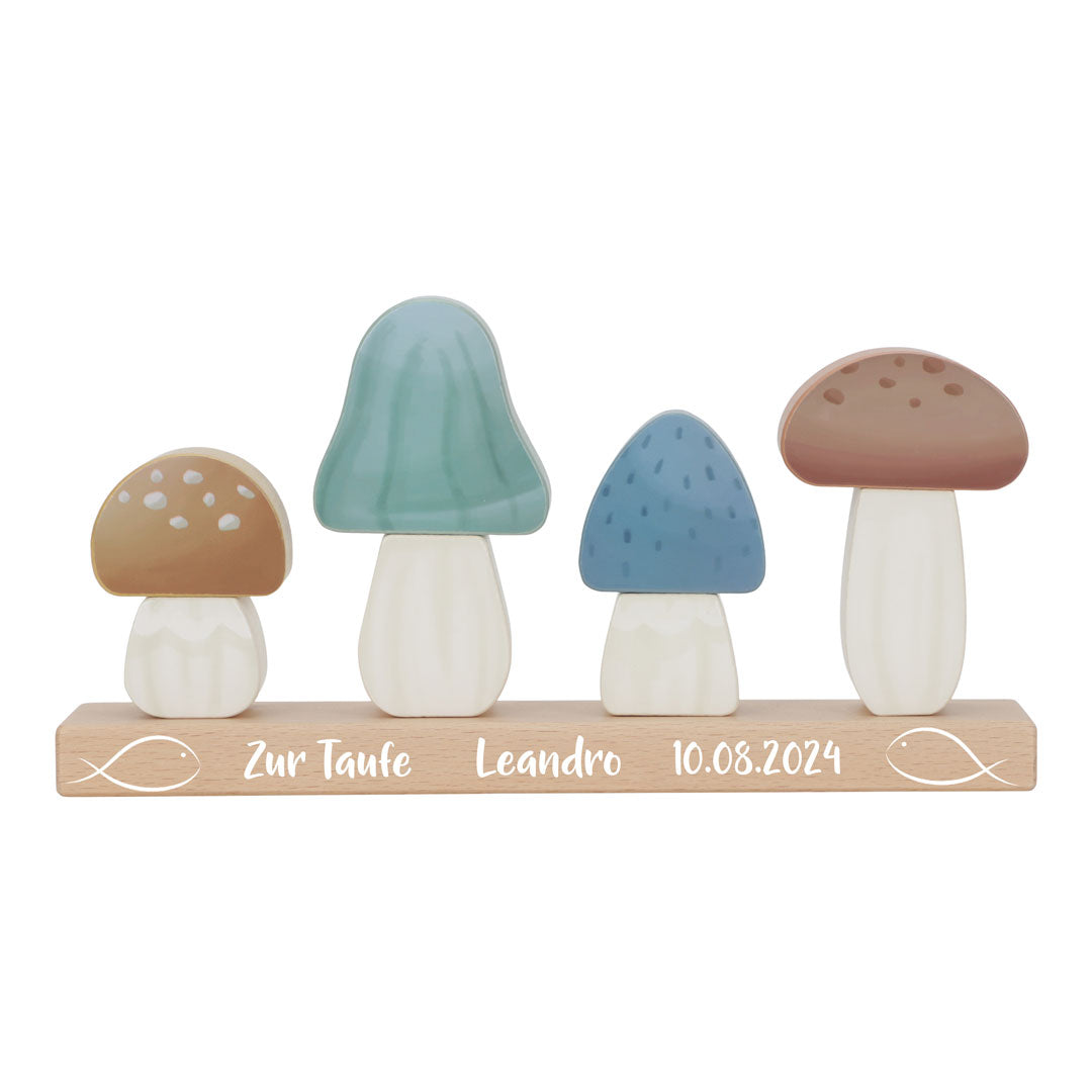 Personalisierte Little Dutch Stapel-Pilze Forest Friends zur Taufe mit Druck – Holz-Stapelpuzzle als individuelles Taufgeschenk