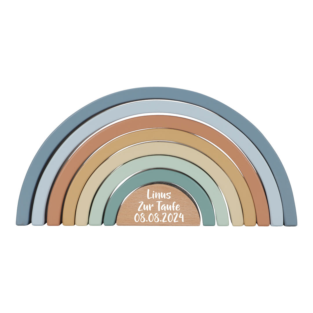 Personalisierter Little Dutch Stapel-Regenbogen Forest Friends zur Taufe mit Druck – blaues Holzspielzeug als individuelles Taufgeschenk