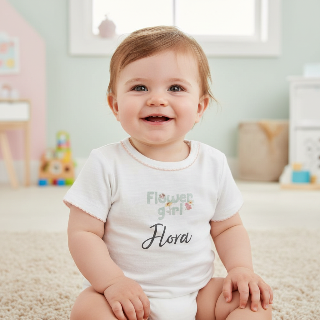 Kinder-T-Shirt Flower Girl in Weiß – optional mit Name personalisierbar