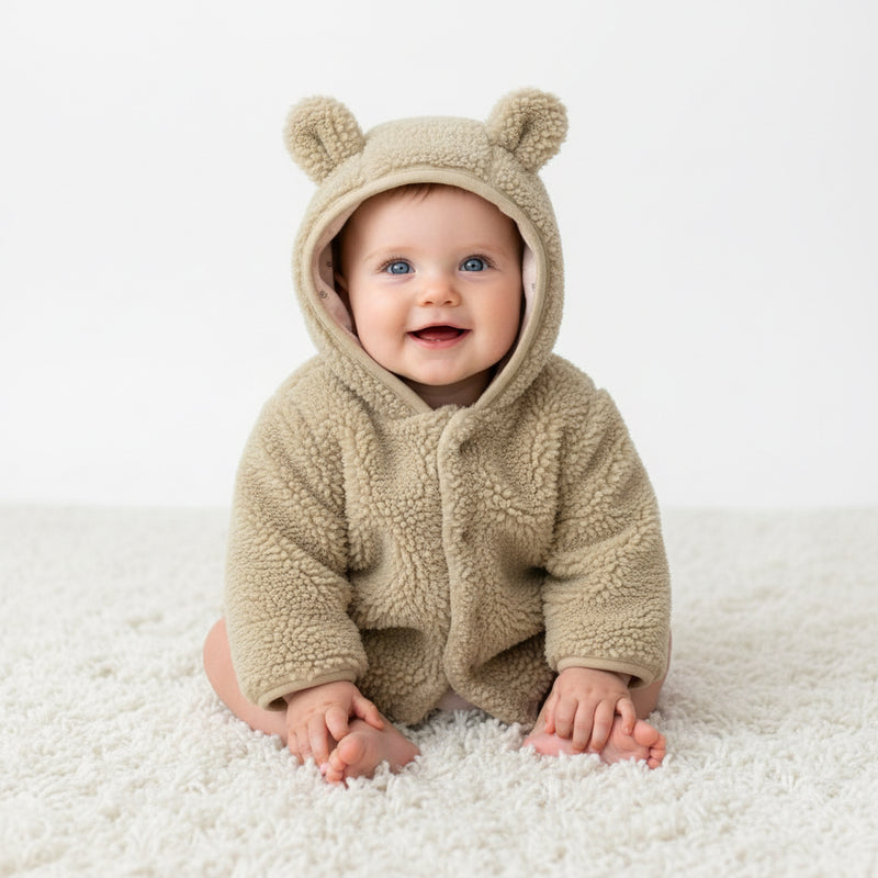 Teddy Newborn Jacke Soft Green von Little Dutch – grüne Babyjacke mit Kapuze und Ohren