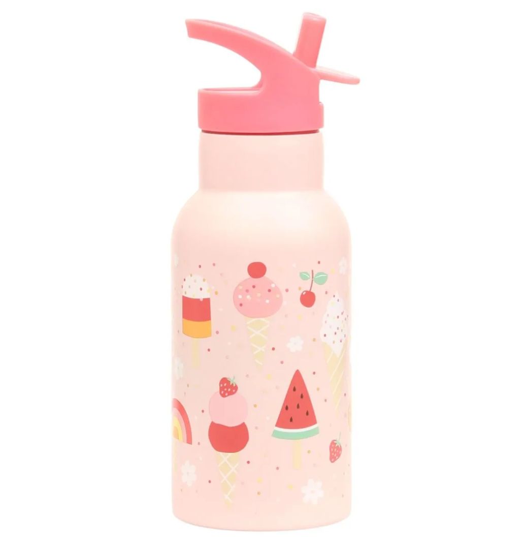 A Little Lovely Company Edelstahl-Trinkflasche Eiscreme in Rosa 352 ml – Kinder-Isolierflasche mit Eiscreme-Muster für Kita und Schule