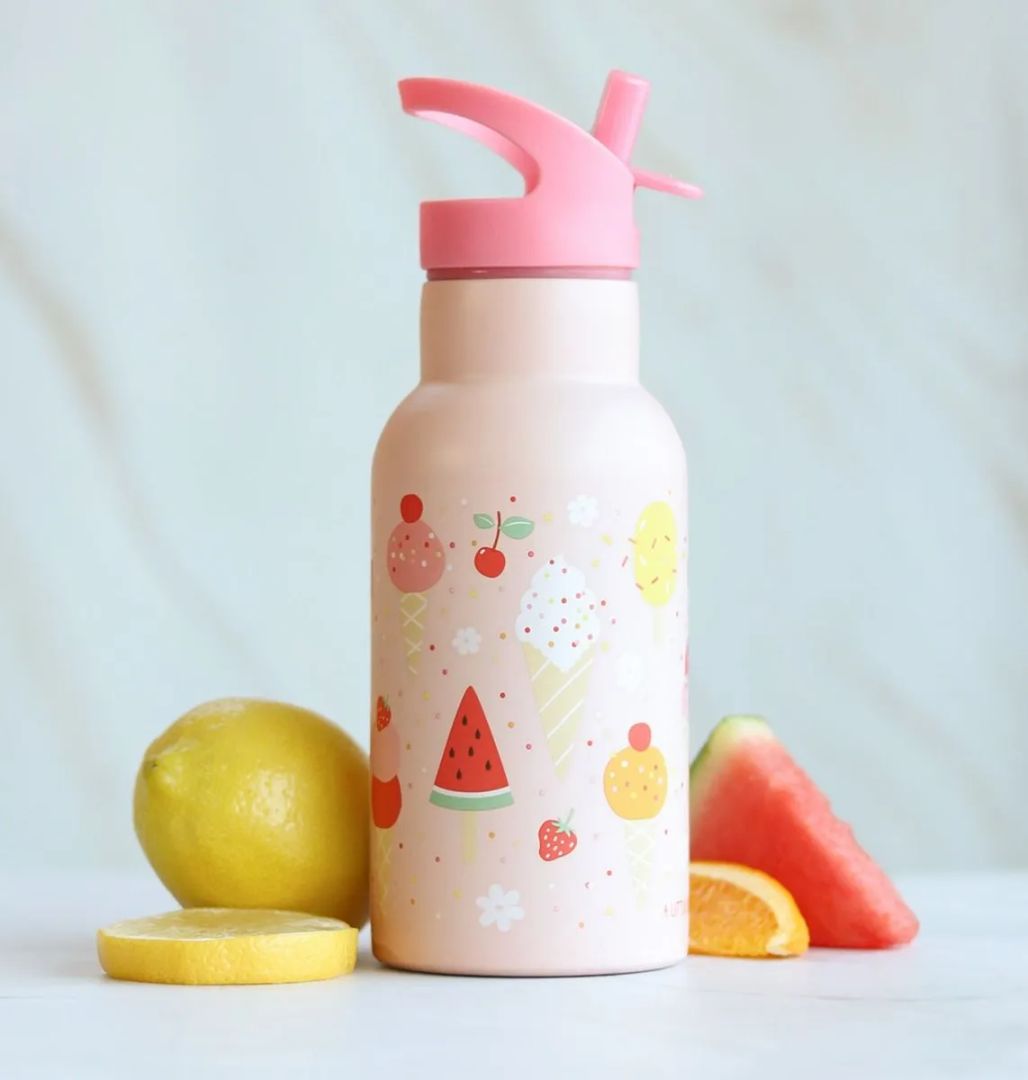 A Little Lovely Company Edelstahl-Trinkflasche Eiscreme in Rosa 352 ml – doppelwandige Kinderflasche mit Eiscreme-Muster für Kita und Schule