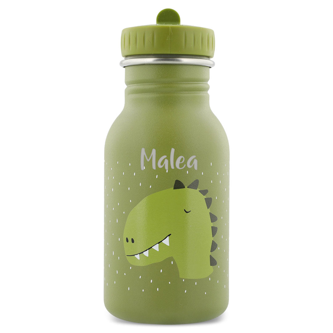 Trixie Kinder-Trinkflasche Herr Dino 350 ml personalisiert mit Namen – grüne Edelstahlflasche mit Dinomotiv und Tragekordel