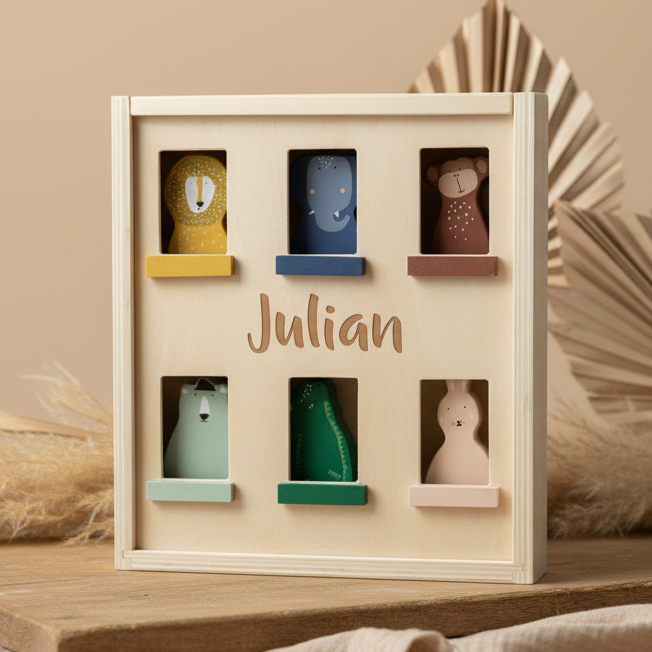 Trixie Holz-Apartment mit Tieren personalisiert mit Name – kreatives Rollenspielzeug mit sechs Tierfiguren für Kinder ab 1 Jahr