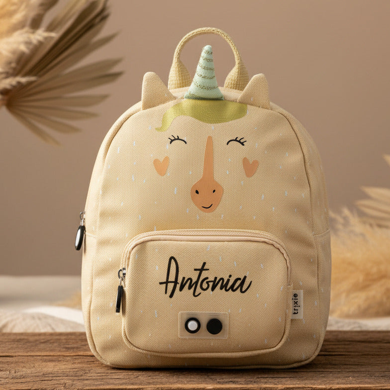 Personalisierter Trixie Kinder-Rucksack Frau Einhorn in Soft Orange mit Name – kleiner Tierrucksack für Kita, Kindergarten und Ausflüge