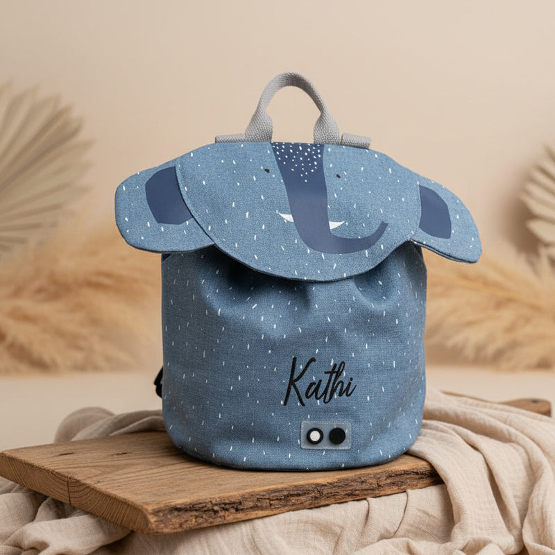 Personalisierter Trixie Mini-Rucksack Frau Elefant in Blau mit Name – Kinder-Rucksack aus Bio-Baumwolle für Kindergarten und Ausflüge