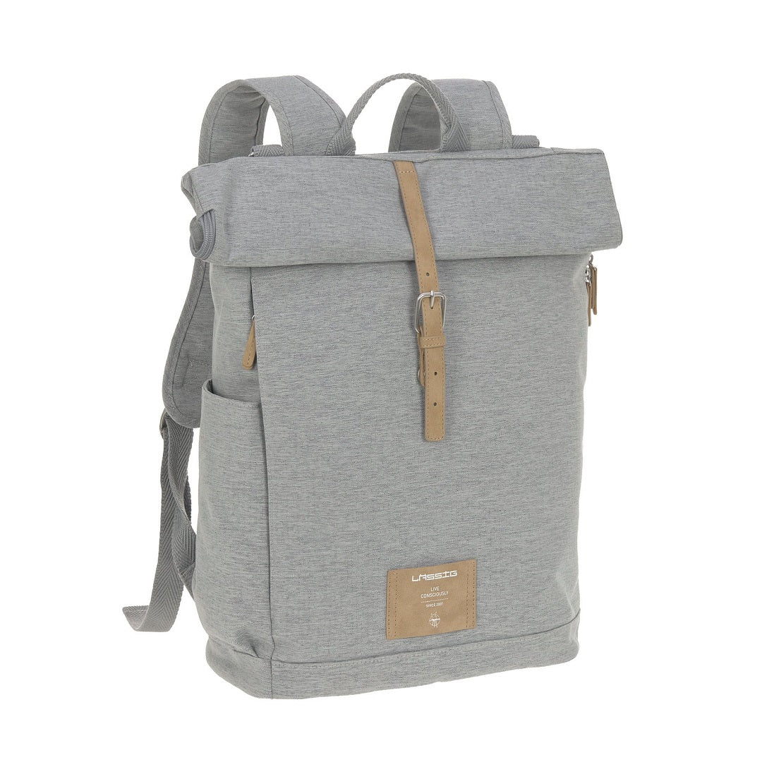 LÄSSIG Rolltop Backpack Grey Mélange – grauer Wickelrucksack mit Rollverschluss, Magnetverschluss und alltagstauglichem Stauraum